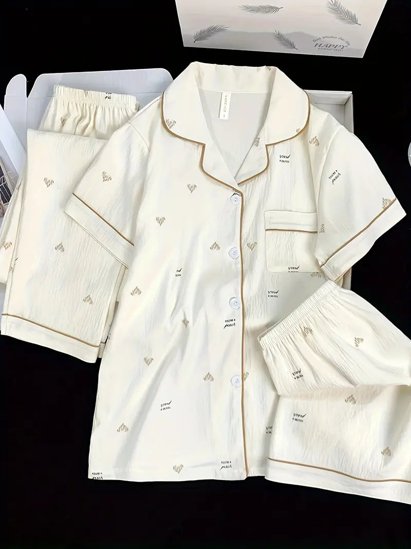 3-Piece Women’s Pajama Set – Short Sleeve Top, Shorts & Pants, Beige Heart Print, Button-Up Collar Loungewear