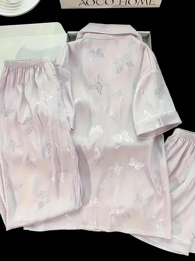 3-Piece Women’s Pajama Set – Short Sleeve Top, Shorts & Pants, Beige Heart Print, Button-Up Collar Loungewear