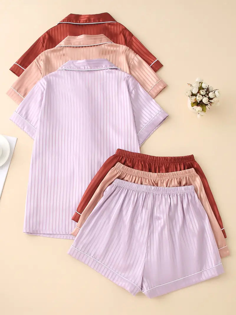 Women’s Satin Pajama Set – 3-Piece Summer Sleepwear with Short Sleeve Button-Up Shirt & Pants, Solid Color Loungewear (Copy)