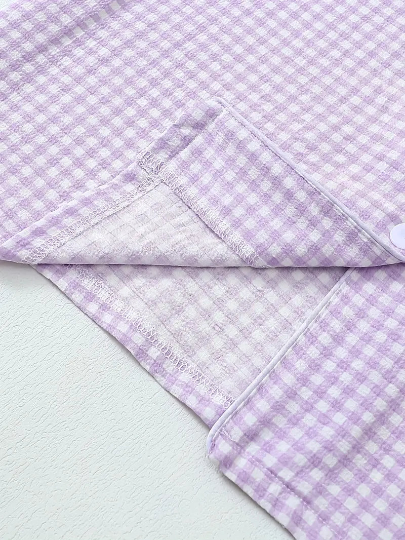 2 Sets Girls' 4-Piece Purple & Black Plaid Pajamas – Short Sleeve Top & Elastic Shorts, All-Season Loungewear