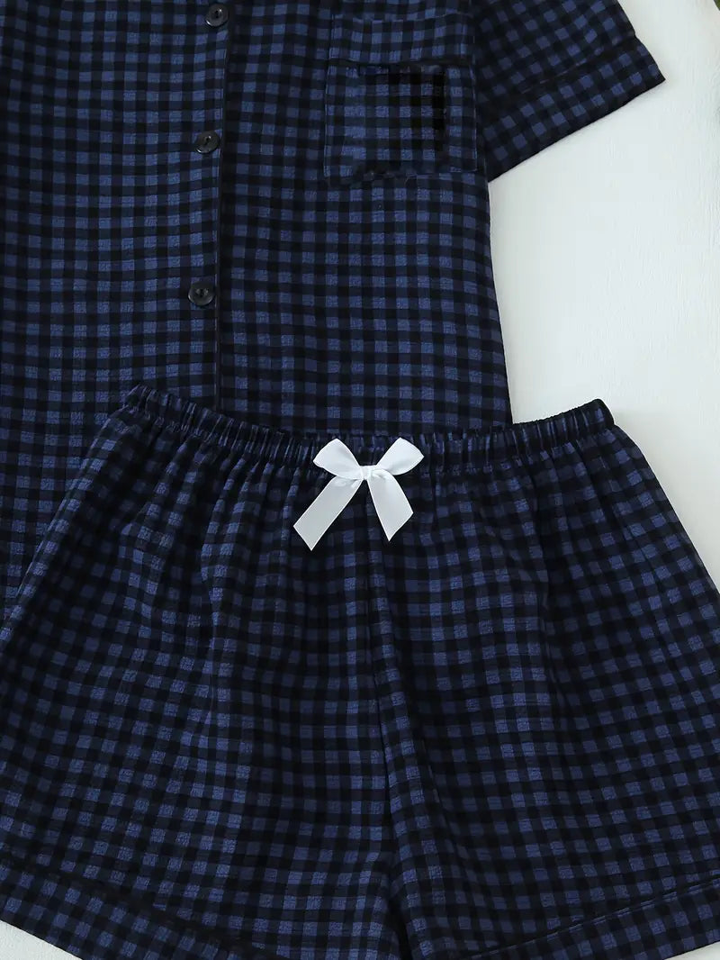 2 Sets Girls' 4-Piece Purple & Black Plaid Pajamas – Short Sleeve Top & Elastic Shorts, All-Season Loungewear