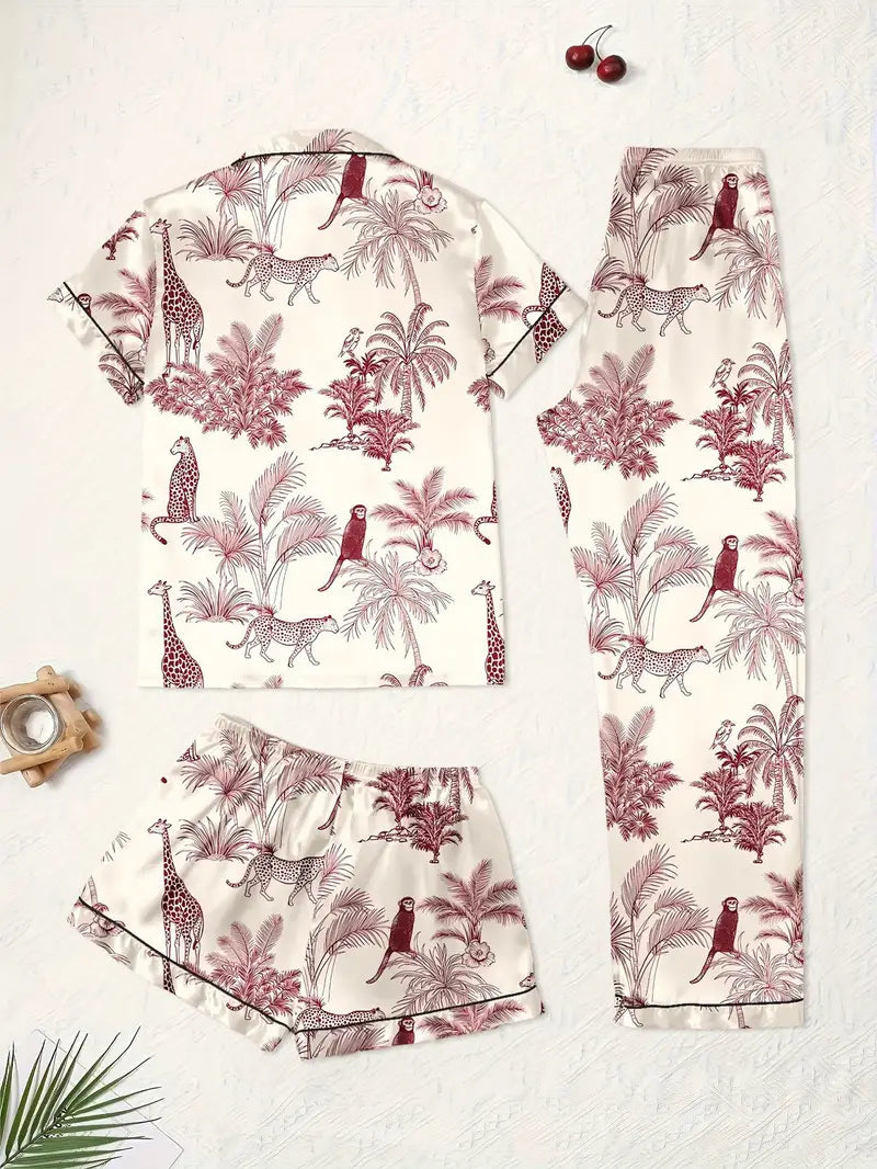 3-Piece Women’s Pajama Set – Short Sleeve Top, Shorts & Pants, Beige Heart Print, Button-Up Collar Loungewear