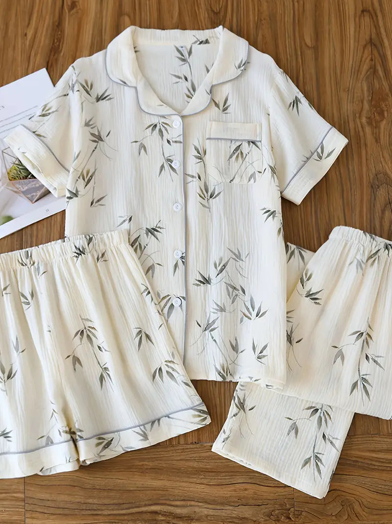 3-Piece Women’s Pajama Set – Short Sleeve Top, Shorts & Pants, Beige Heart Print, Button-Up Collar Loungewear