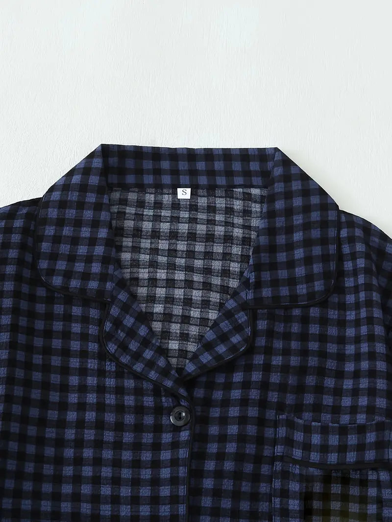 2 Sets Girls' 4-Piece Purple & Black Plaid Pajamas – Short Sleeve Top & Elastic Shorts, All-Season Loungewear