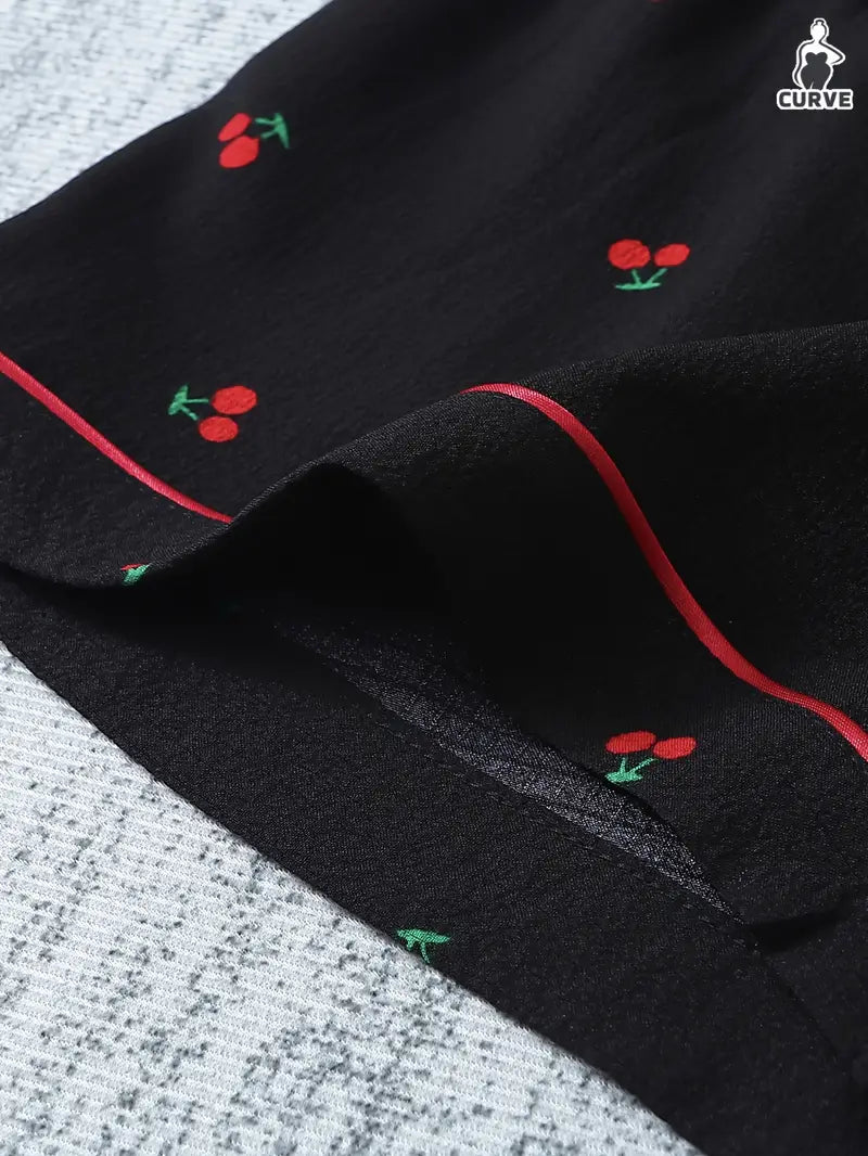 3-Piece Women’s Pajama Set – Short Sleeve Top, Shorts & Pants, Beige Heart Print, Button-Up Collar Loungewear