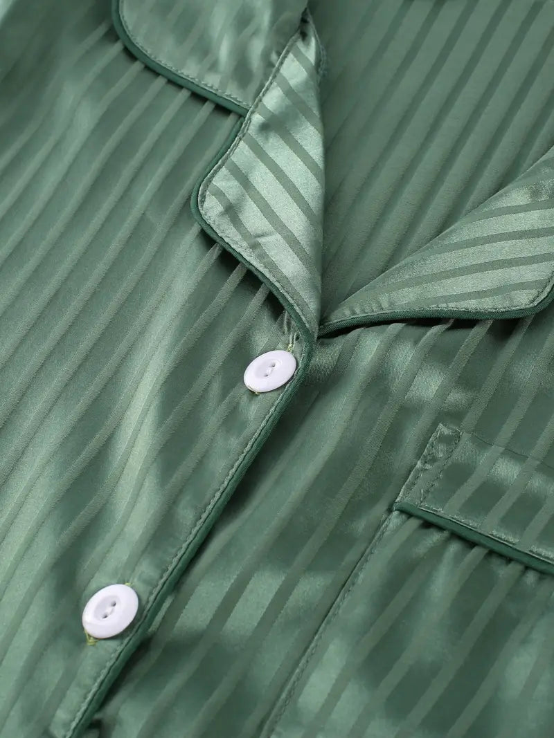 Women’s Satin Pajama Set – 3-Piece Summer Sleepwear with Short Sleeve Button-Up Shirt & Pants, Solid Color Loungewear