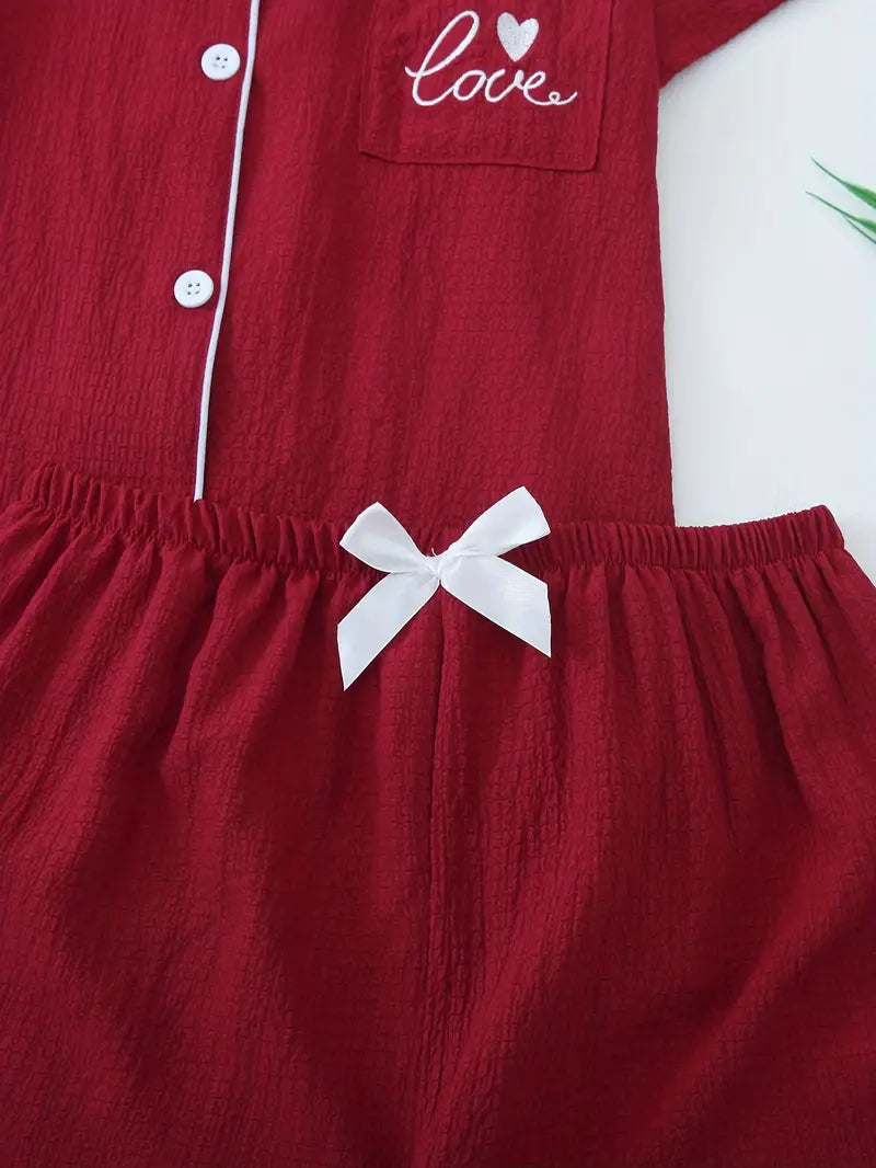 Women's Solid Color Collar Embroidery Pajama Three-Set Combination 2