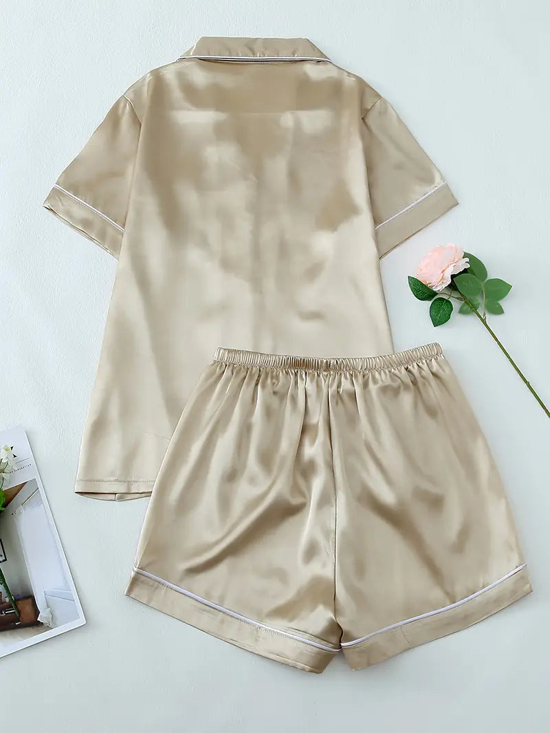 Women’s Pajama Set – Short Sleeve Button-Up Top & Fitted Shorts with Bow Detail, Comfortable Sleepwear