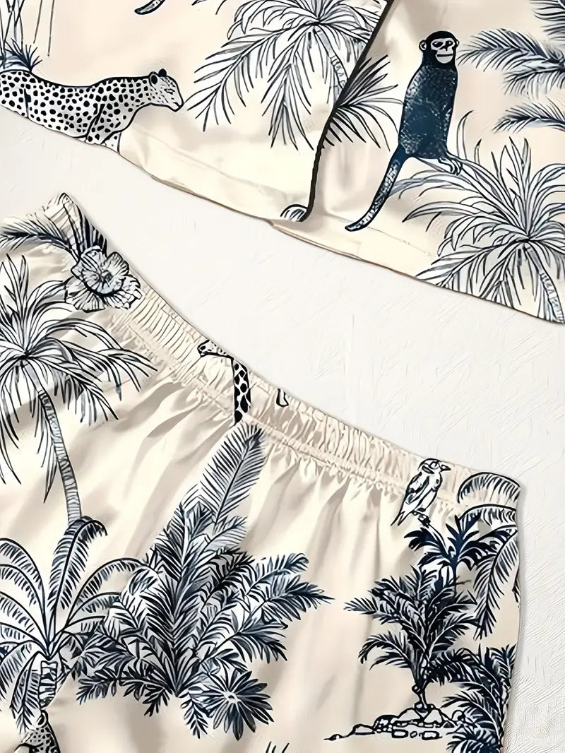 3-Piece Women’s Pajama Set – Short Sleeve Top, Shorts & Pants, Beige Heart Print, Button-Up Collar Loungewear