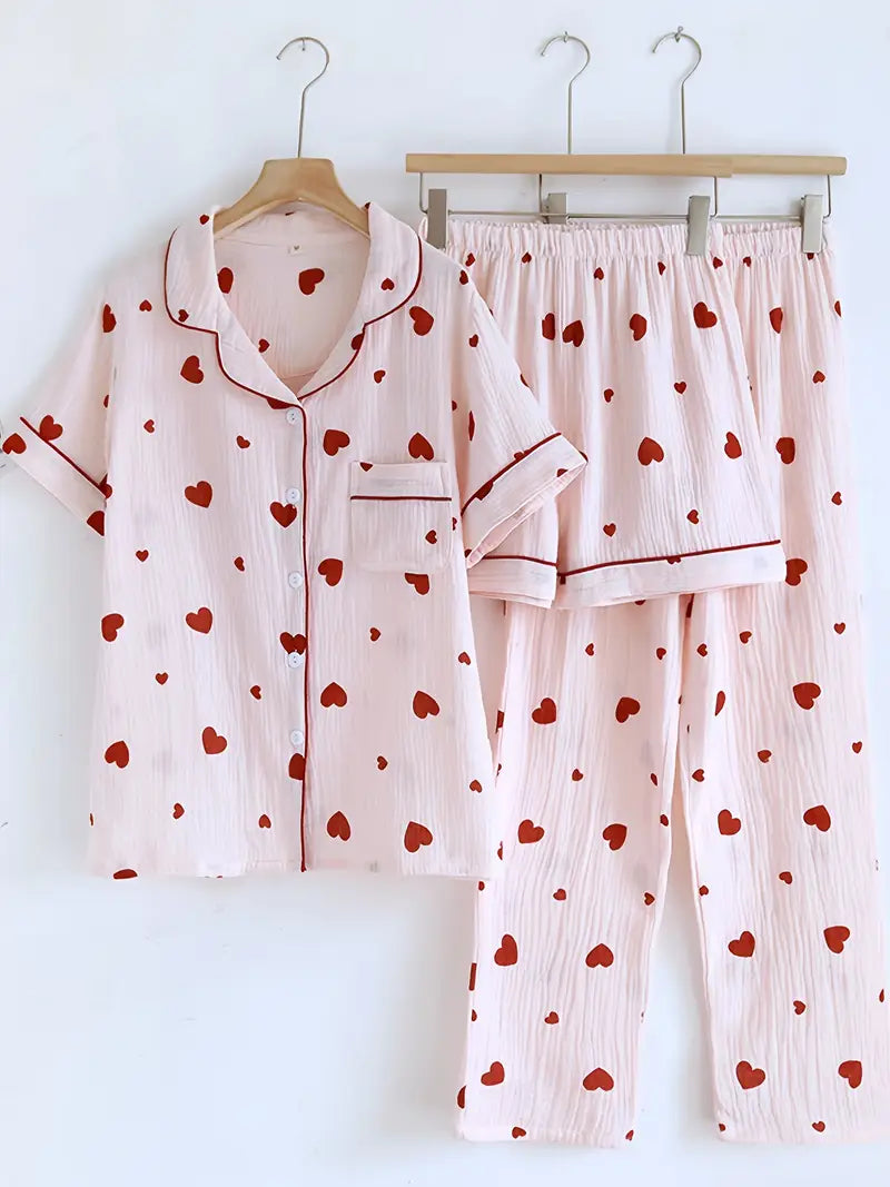 3-Piece Women’s Pajama Set – Short Sleeve Top, Shorts & Pants, Beige Heart Print, Button-Up Collar Loungewear