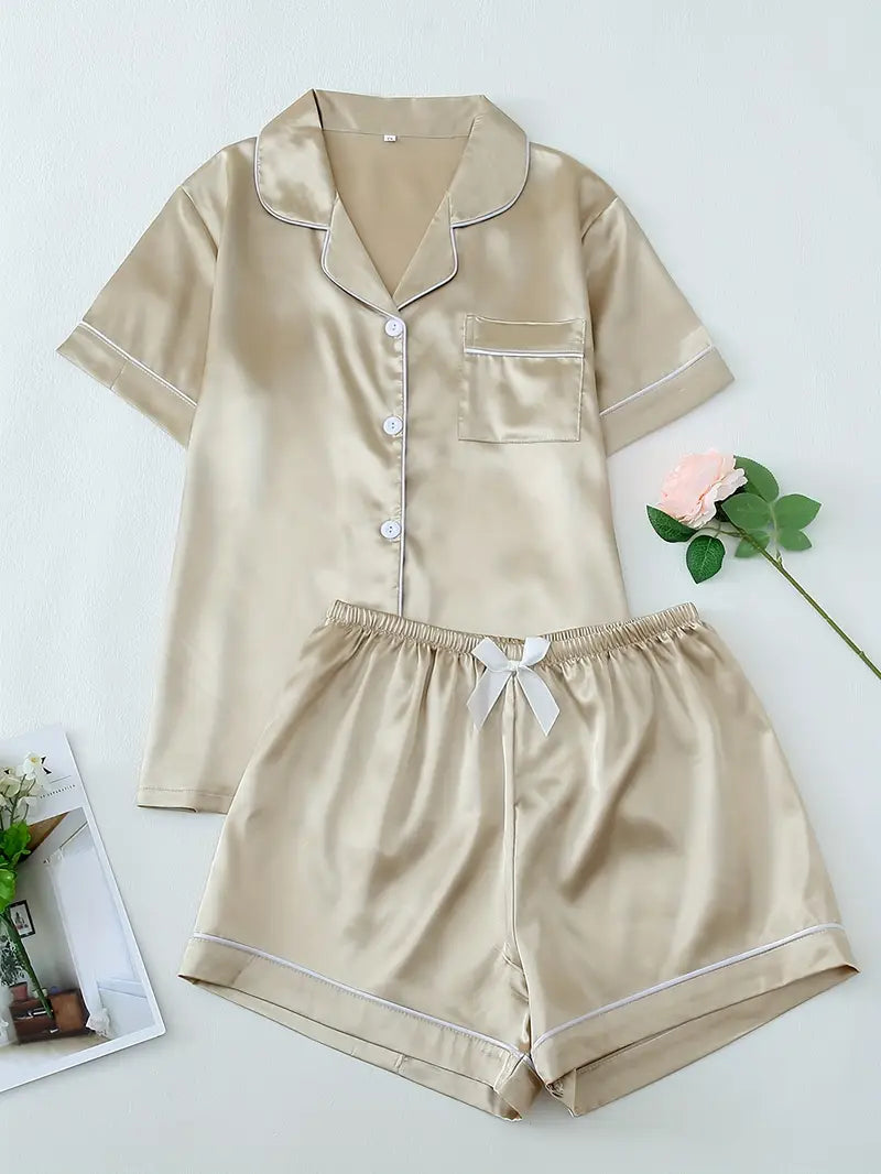 Women’s Pajama Set – Short Sleeve Button-Up Top & Fitted Shorts with Bow Detail, Comfortable Sleepwear