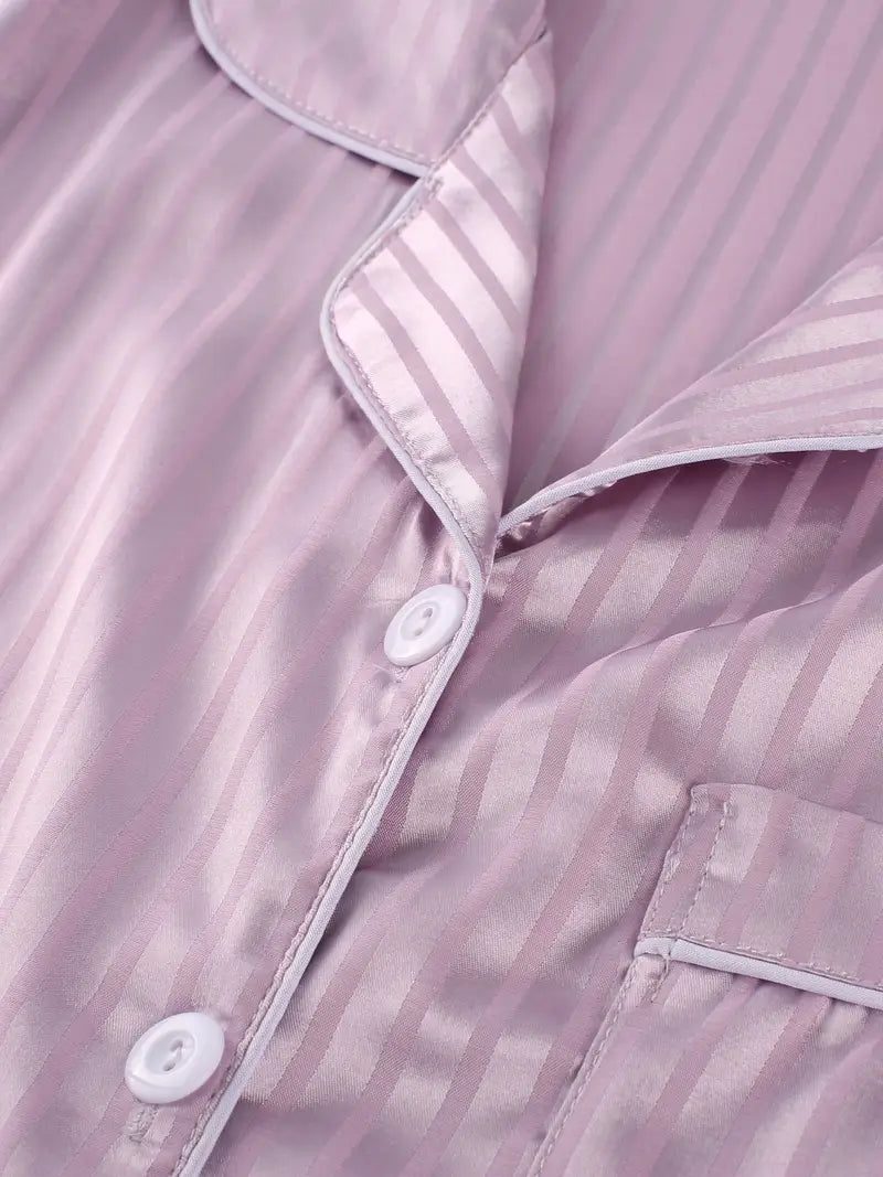 Women’s Satin Pajama Set – 3-Piece Summer Sleepwear with Short Sleeve Button-Up Shirt & Pants, Solid Color Loungewear (Copy)