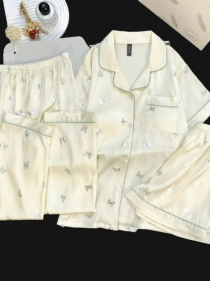 3-Piece Women’s Pajama Set – Short Sleeve Top, Shorts & Pants, Beige Heart Print, Button-Up Collar Loungewear