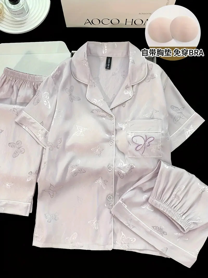 3-Piece Women’s Pajama Set – Short Sleeve Top, Shorts & Pants, Beige Heart Print, Button-Up Collar Loungewear