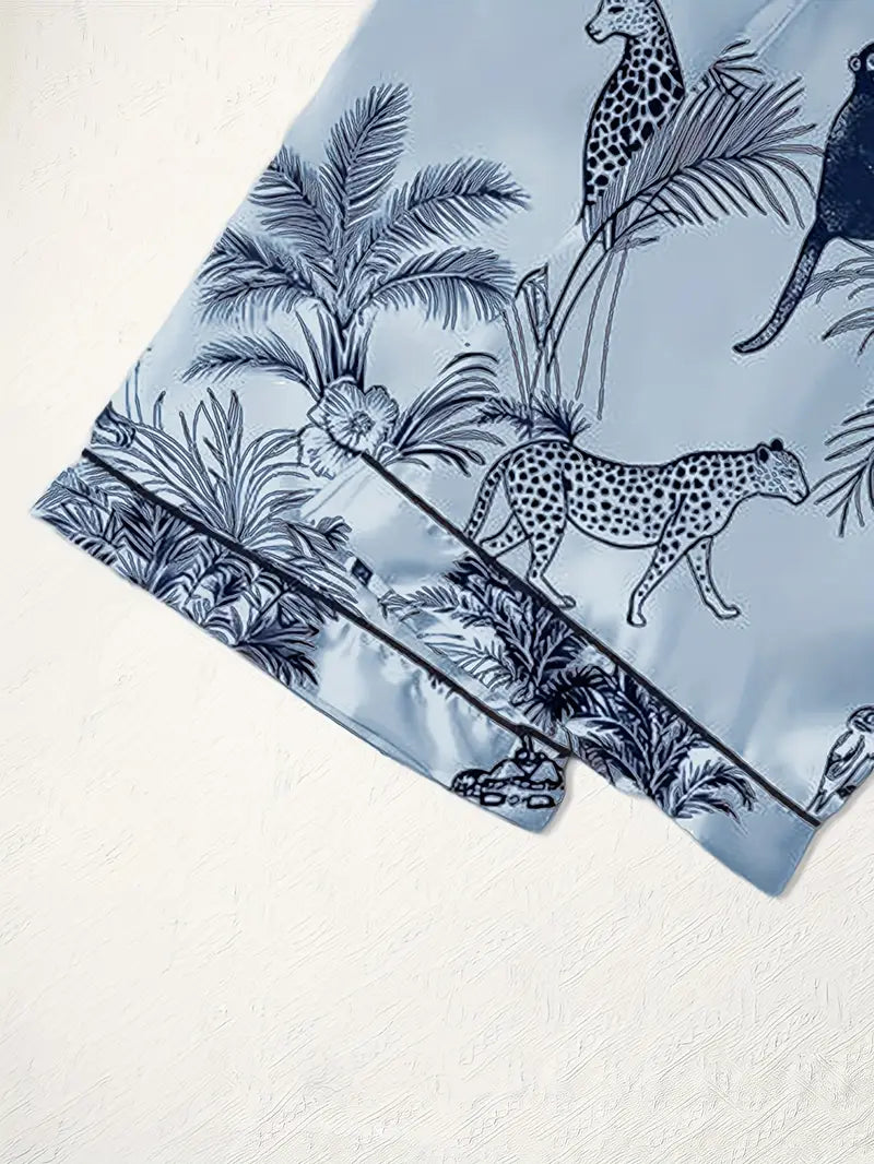 3-Piece Women’s Pajama Set – Short Sleeve Top, Shorts & Pants, Beige Heart Print, Button-Up Collar Loungewear