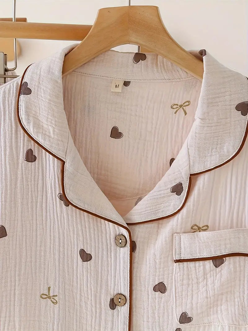 3-Piece Women’s Pajama Set – Short Sleeve Top, Shorts & Pants, Beige Heart Print, Button-Up Collar Loungewear