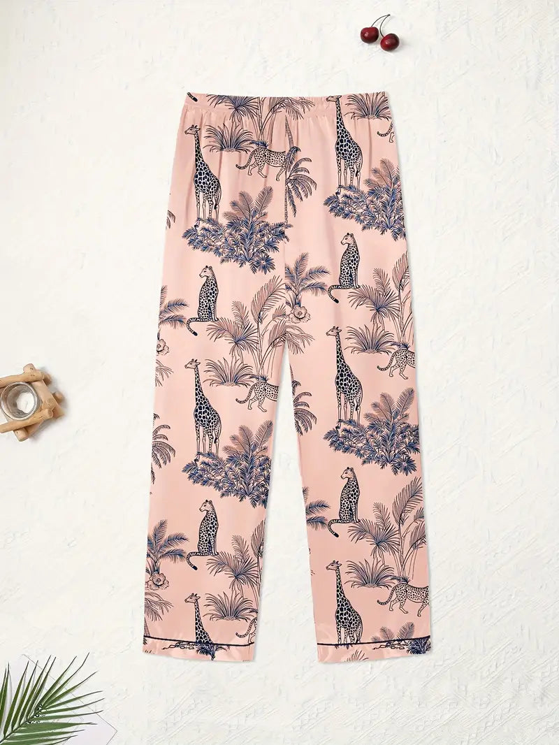 3-Piece Women’s Pajama Set – Short Sleeve Top, Shorts & Pants, Beige Heart Print, Button-Up Collar Loungewear