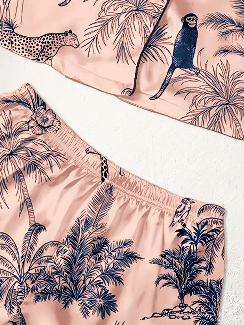 3-Piece Women’s Pajama Set – Short Sleeve Top, Shorts & Pants, Beige Heart Print, Button-Up Collar Loungewear