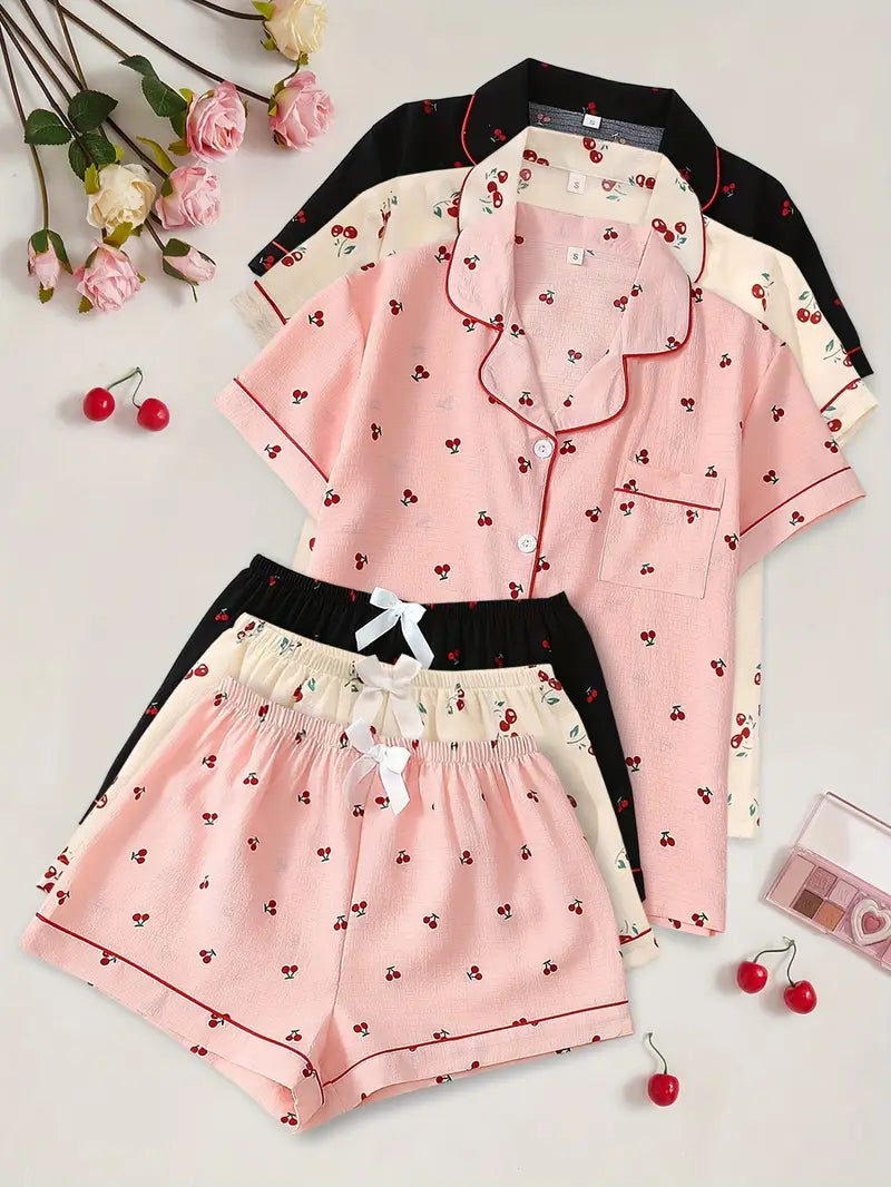 Cherry Blossom Women’s 3-Piece Summer Pajama Set – Short Sleeve Top & Shorts