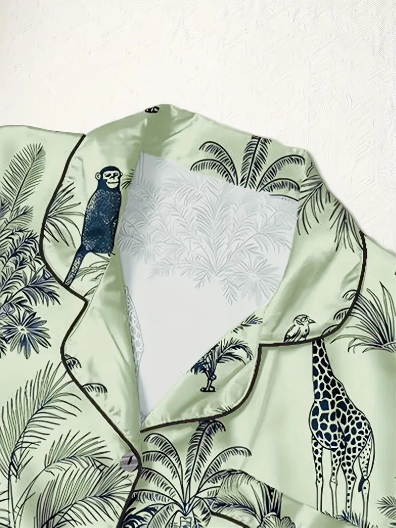 3-Piece Women’s Pajama Set – Short Sleeve Top, Shorts & Pants, Beige Heart Print, Button-Up Collar Loungewear