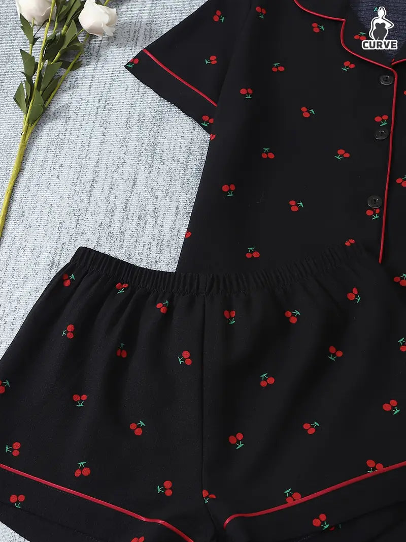 3-Piece Women’s Pajama Set – Short Sleeve Top, Shorts & Pants, Beige Heart Print, Button-Up Collar Loungewear