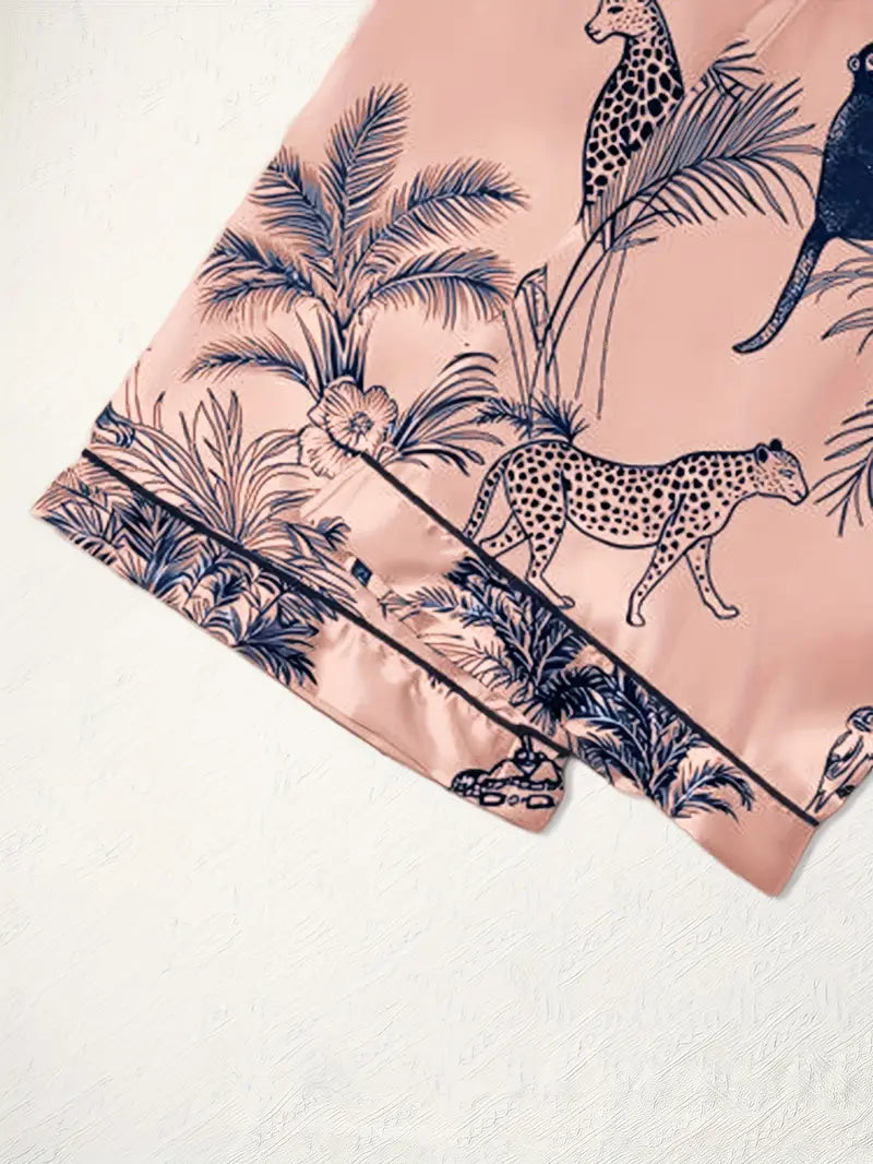 3-Piece Women’s Pajama Set – Short Sleeve Top, Shorts & Pants, Beige Heart Print, Button-Up Collar Loungewear