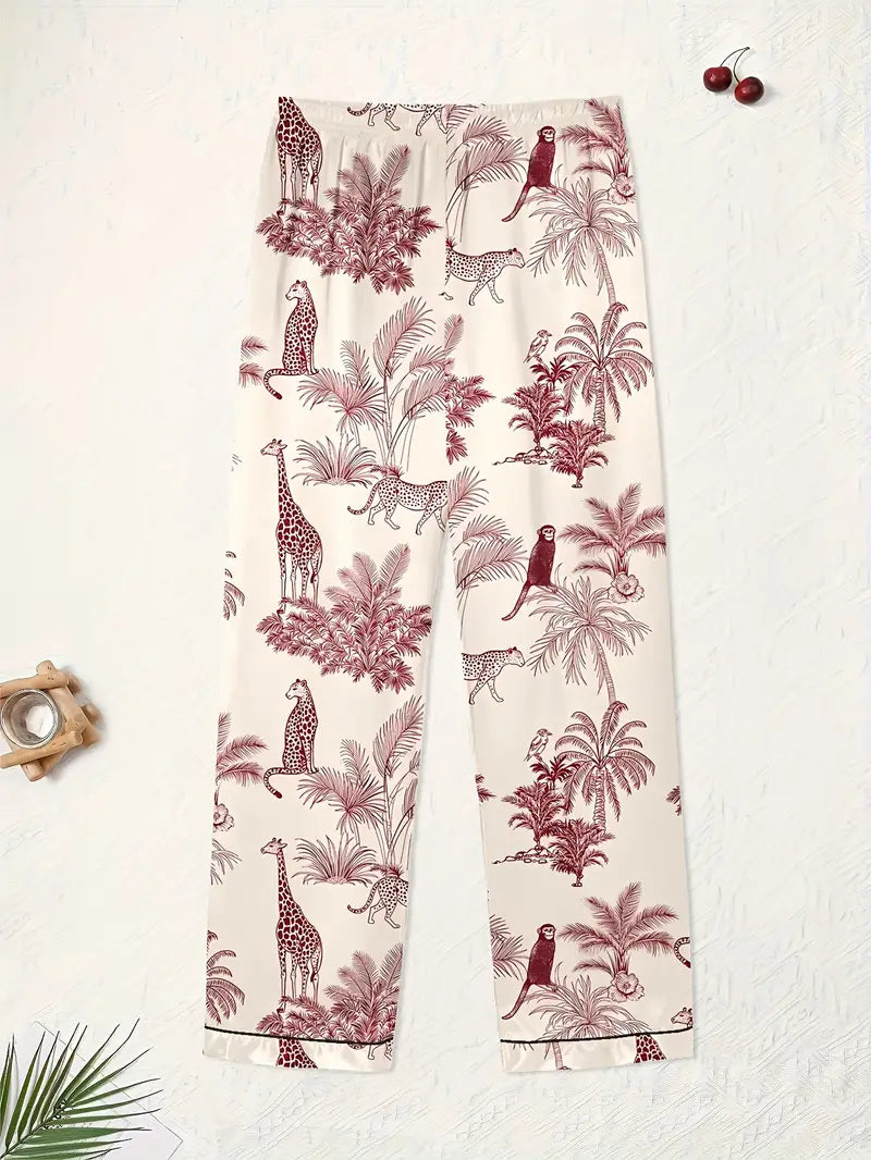 3-Piece Women’s Pajama Set – Short Sleeve Top, Shorts & Pants, Beige Heart Print, Button-Up Collar Loungewear