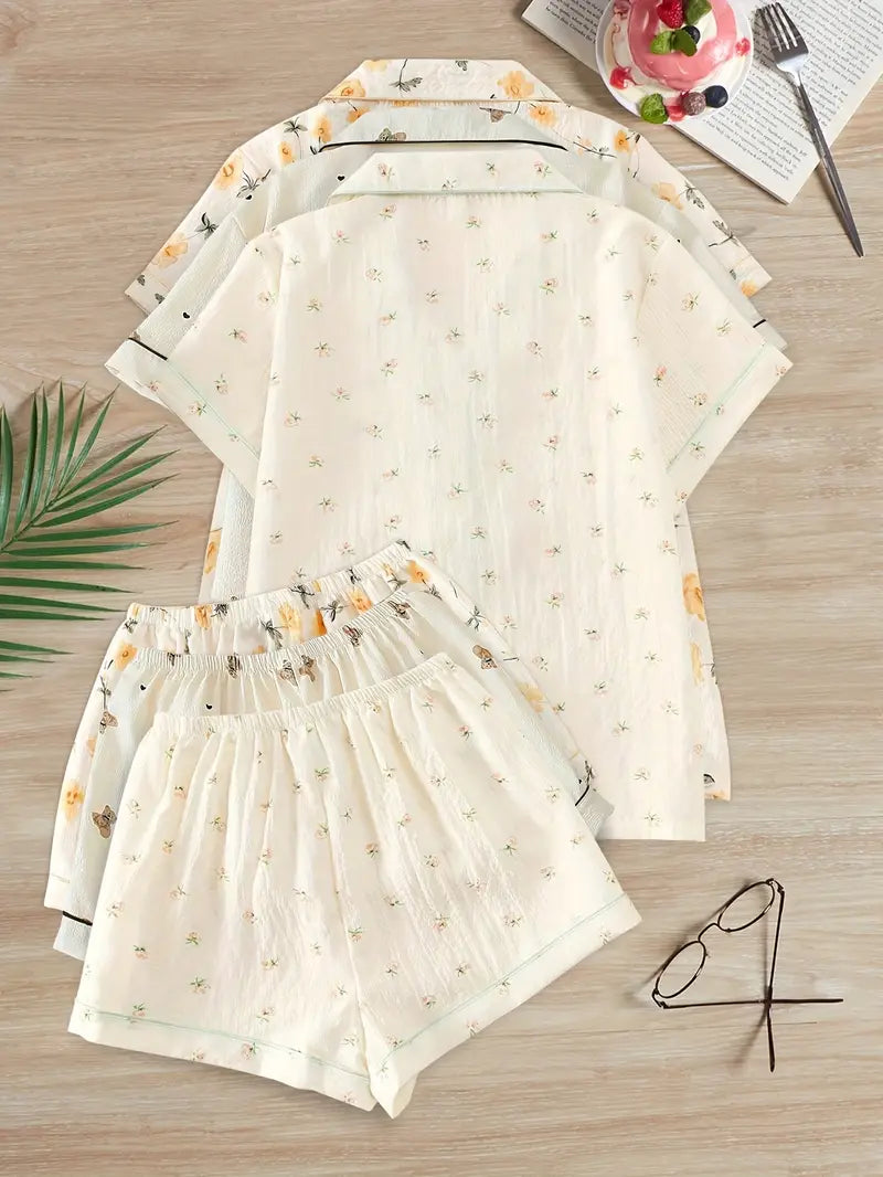 3pcs Women'S Pajama Set with Short Sleeves and Shorts