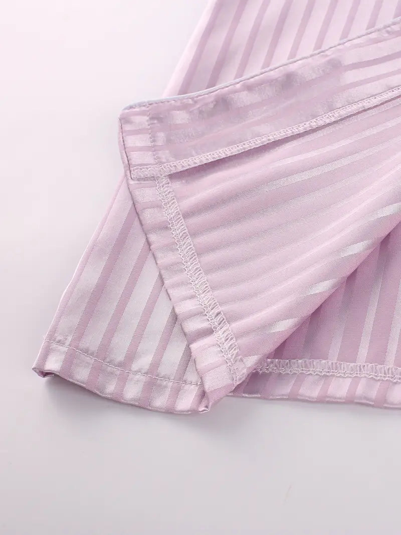 Women’s Satin Pajama Set – 3-Piece Summer Sleepwear with Short Sleeve Button-Up Shirt & Pants, Solid Color Loungewear (Copy)