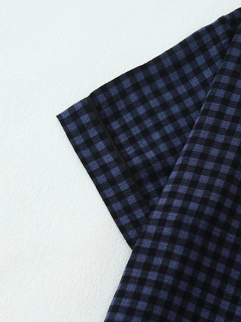 2 Sets Girls' 4-Piece Purple & Black Plaid Pajamas – Short Sleeve Top & Elastic Shorts, All-Season Loungewear