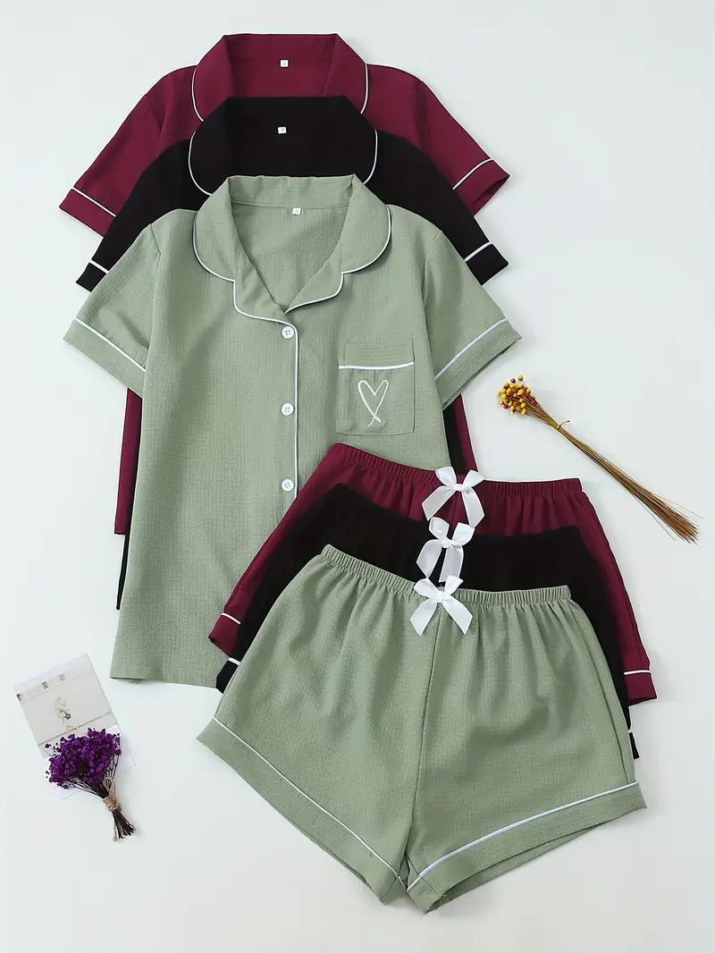 Women's Solid Color Collar Embroidery Pajama Three-Set Combination 3