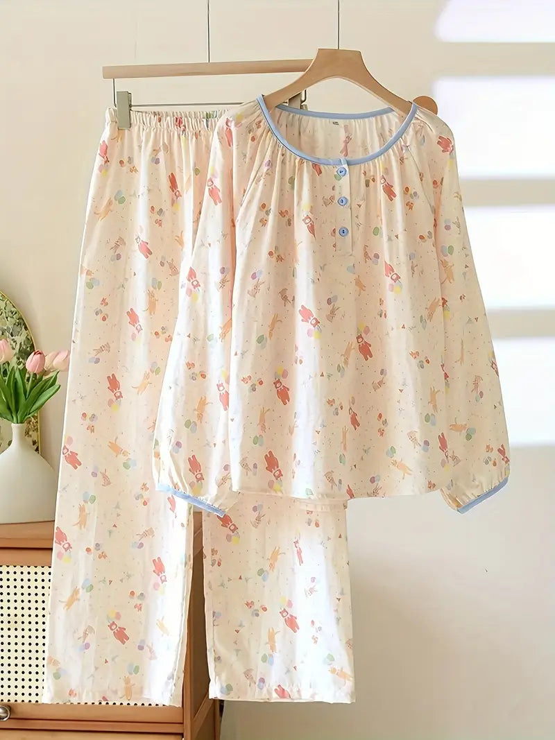 Women’s Elegant Floral Long Sleeve Pajama Set – Crew Neck