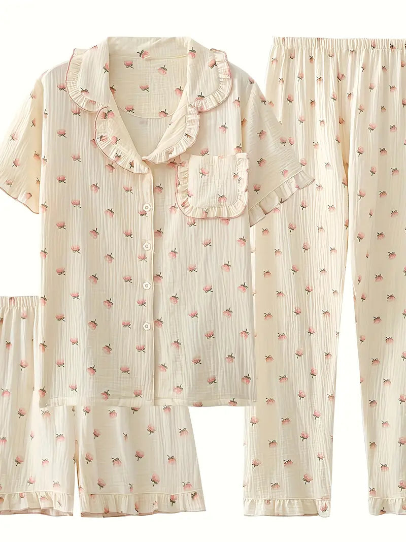3-Piece Women’s Pajama Set – Short Sleeve Top, Shorts & Pants, Beige Heart Print, Button-Up Collar Loungewear