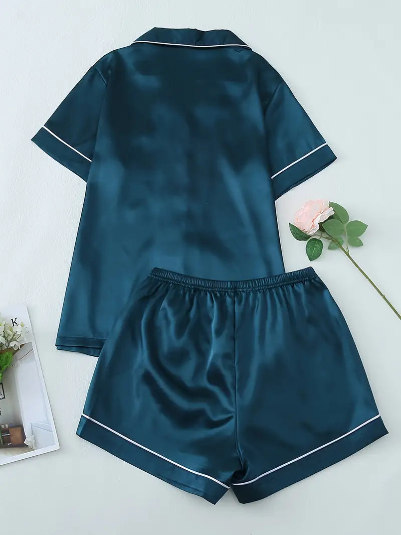 Women’s Pajama Set – Short Sleeve Button-Up Top & Fitted Shorts with Bow Detail, Comfortable Sleepwear
