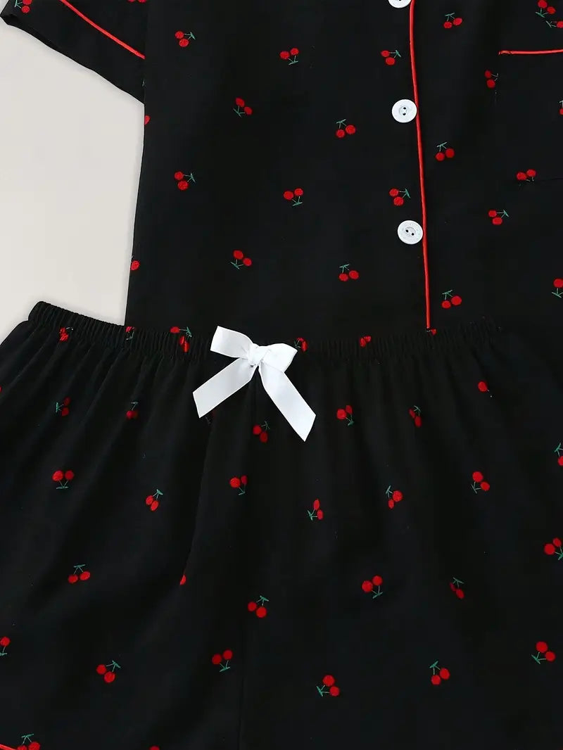 Cherry Blossom Women’s 3-Piece Summer Pajama Set – Short Sleeve Top & Shorts