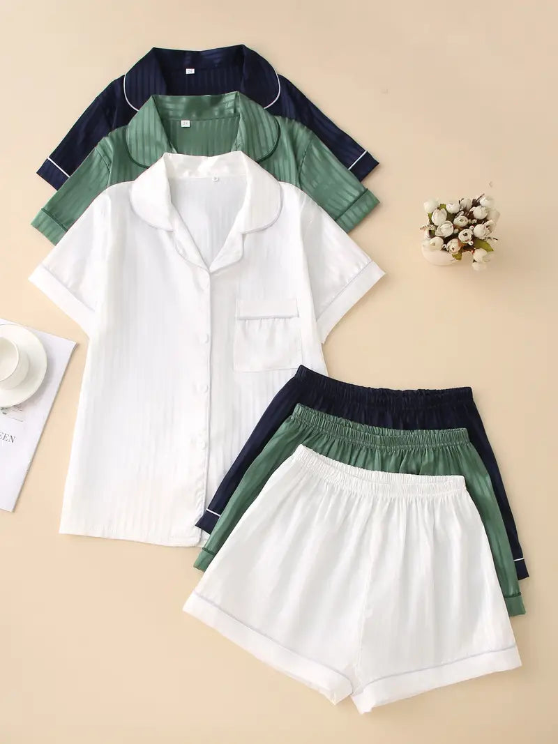 Women’s Satin Pajama Set – 3-Piece Summer Sleepwear with Short Sleeve Button-Up Shirt & Pants, Solid Color Loungewear