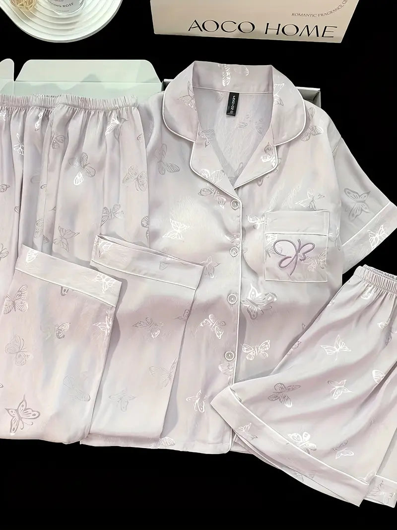 3-Piece Women’s Pajama Set – Short Sleeve Top, Shorts & Pants, Beige Heart Print, Button-Up Collar Loungewear