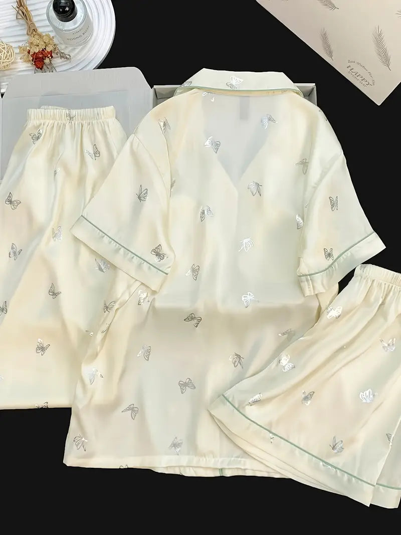 3-Piece Women’s Pajama Set – Short Sleeve Top, Shorts & Pants, Beige Heart Print, Button-Up Collar Loungewear