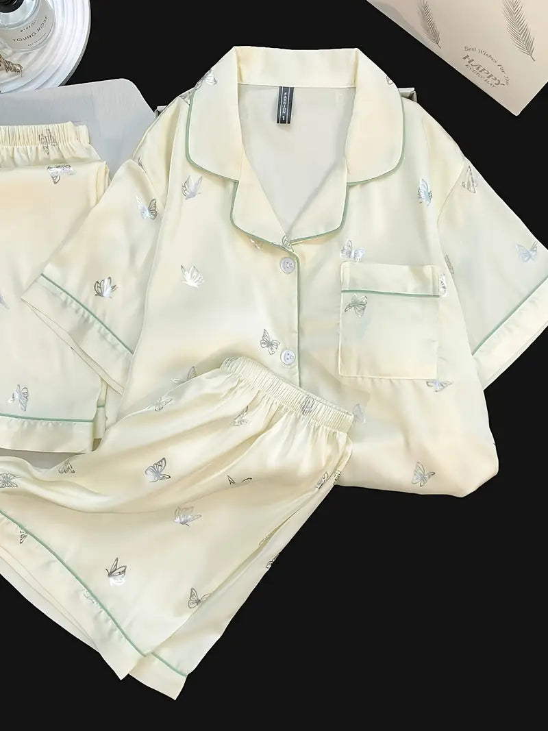 3-Piece Women’s Pajama Set – Short Sleeve Top, Shorts & Pants, Beige Heart Print, Button-Up Collar Loungewear