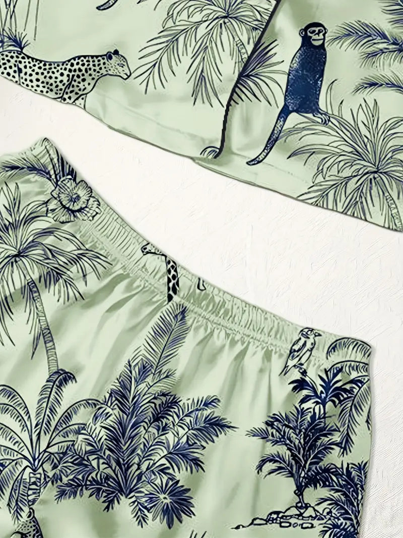 3-Piece Women’s Pajama Set – Short Sleeve Top, Shorts & Pants, Beige Heart Print, Button-Up Collar Loungewear