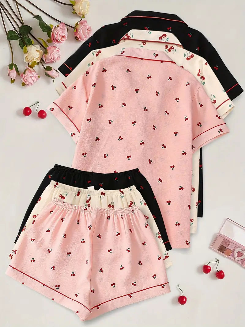 Cherry Blossom Women’s 3-Piece Summer Pajama Set – Short Sleeve Top & Shorts