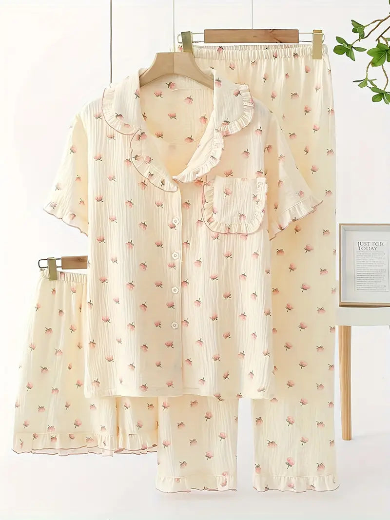 3-Piece Women’s Pajama Set – Short Sleeve Top, Shorts & Pants, Beige Heart Print, Button-Up Collar Loungewear