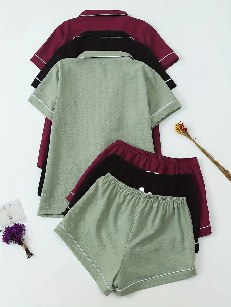 Women's Solid Color Collar Embroidery Pajama Three-Set Combination 3
