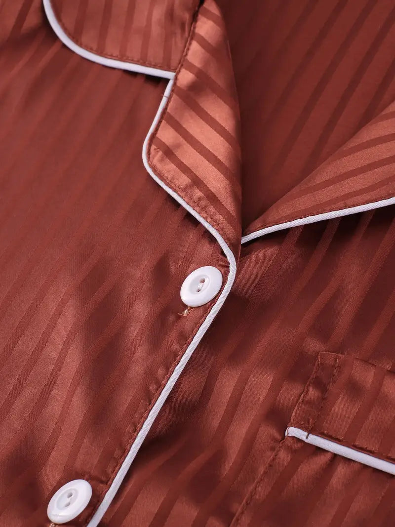 Women’s Satin Pajama Set – 3-Piece Summer Sleepwear with Short Sleeve Button-Up Shirt & Pants, Solid Color Loungewear (Copy)