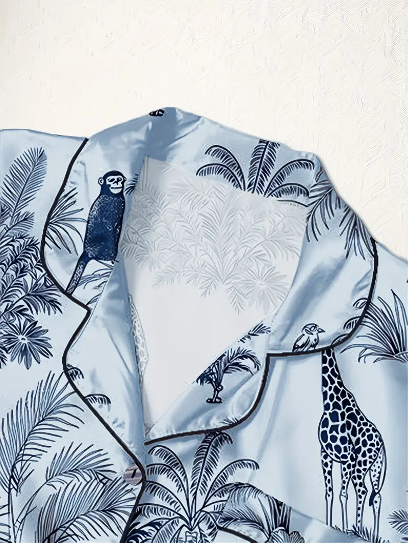 3-Piece Women’s Pajama Set – Short Sleeve Top, Shorts & Pants, Beige Heart Print, Button-Up Collar Loungewear