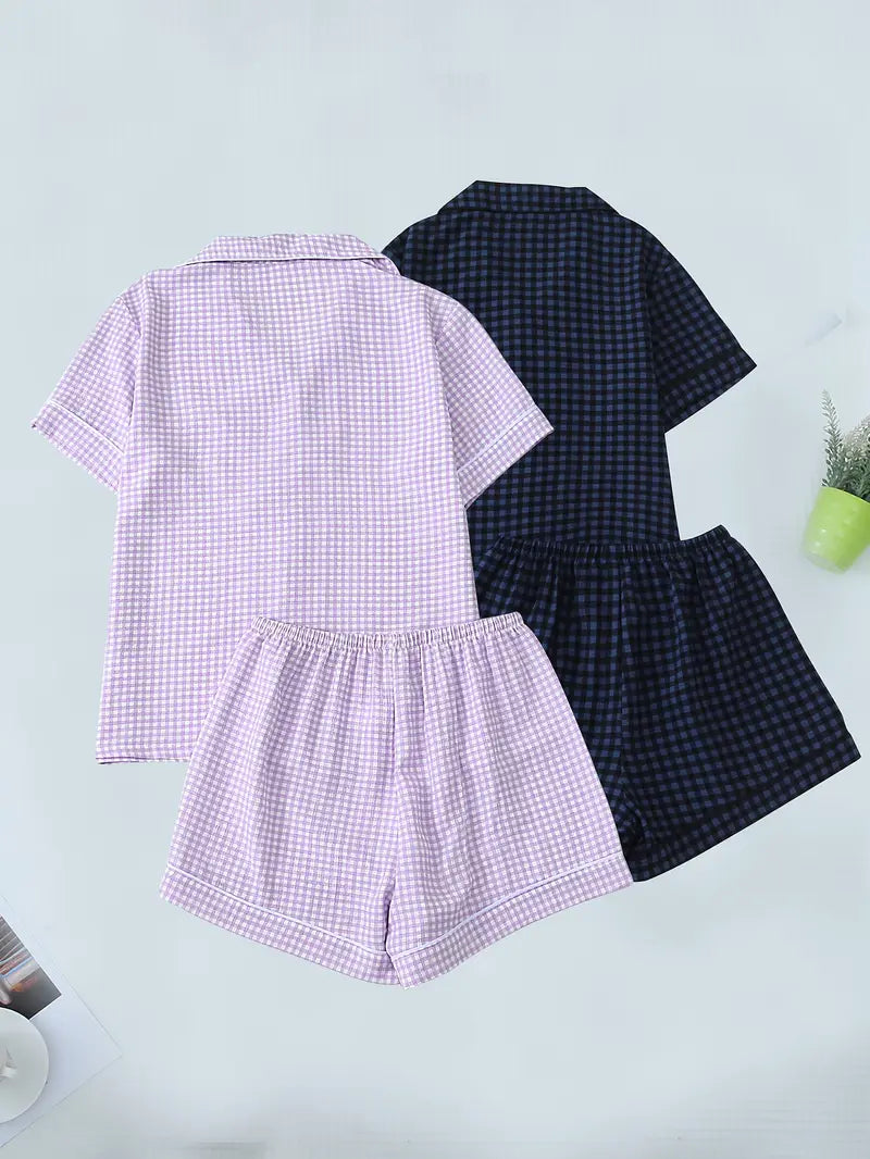 2 Sets Girls' 4-Piece Purple & Black Plaid Pajamas – Short Sleeve Top & Elastic Shorts, All-Season Loungewear