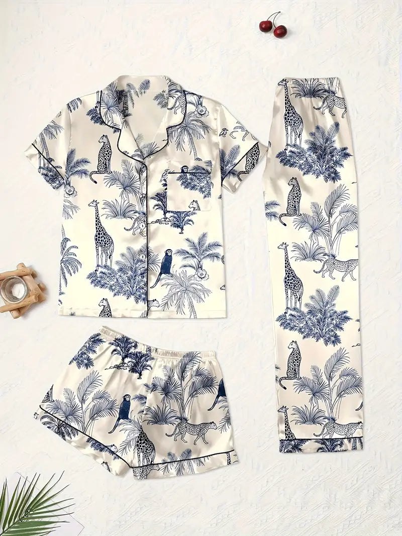 3-Piece Women’s Pajama Set – Short Sleeve Top, Shorts & Pants, Beige Heart Print, Button-Up Collar Loungewear