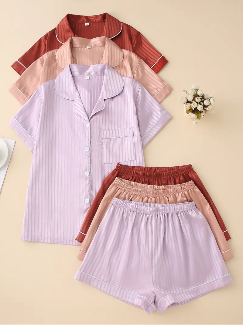 Women’s Satin Pajama Set – 3-Piece Summer Sleepwear with Short Sleeve Button-Up Shirt & Pants, Solid Color Loungewear (Copy)