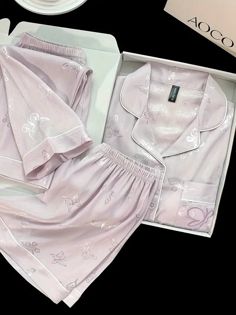 3-Piece Women’s Pajama Set – Short Sleeve Top, Shorts & Pants, Beige Heart Print, Button-Up Collar Loungewear