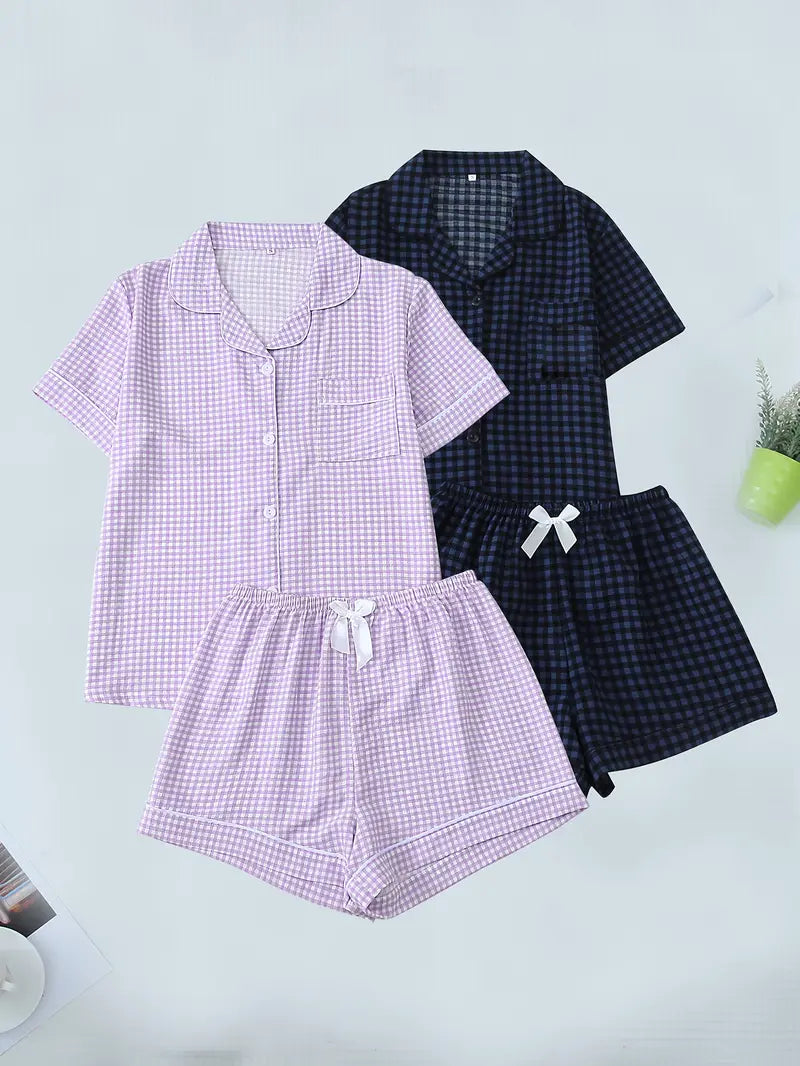 2 Sets Girls' 4-Piece Purple & Black Plaid Pajamas – Short Sleeve Top & Elastic Shorts, All-Season Loungewear